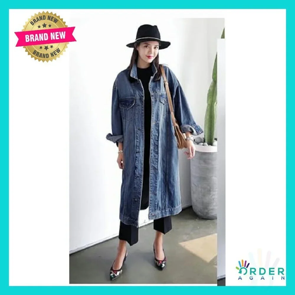 Classic Denim Trench Coat Oversized Loose Fit Long Sleeve Button Down Y2K